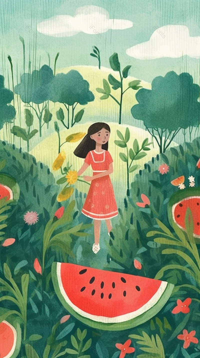 夏天小暑田园风光西瓜女孩插画背景,插画/手绘图,插画/手绘图库,插画/手绘图下载,插画/手绘